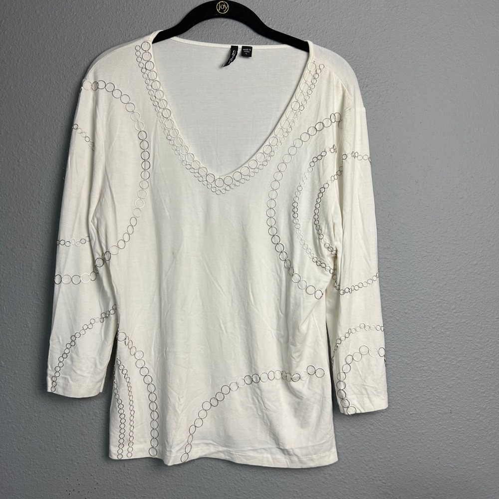 Venini White Circle Embellished V Neck 3/4 Sleeve Top Silver Rings Cottagecore
